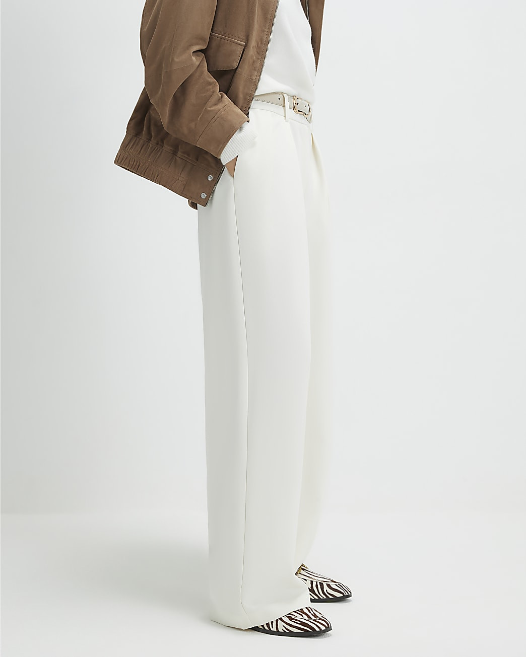 Cream Belted Wide Leg Trousers | River Island UK & IE