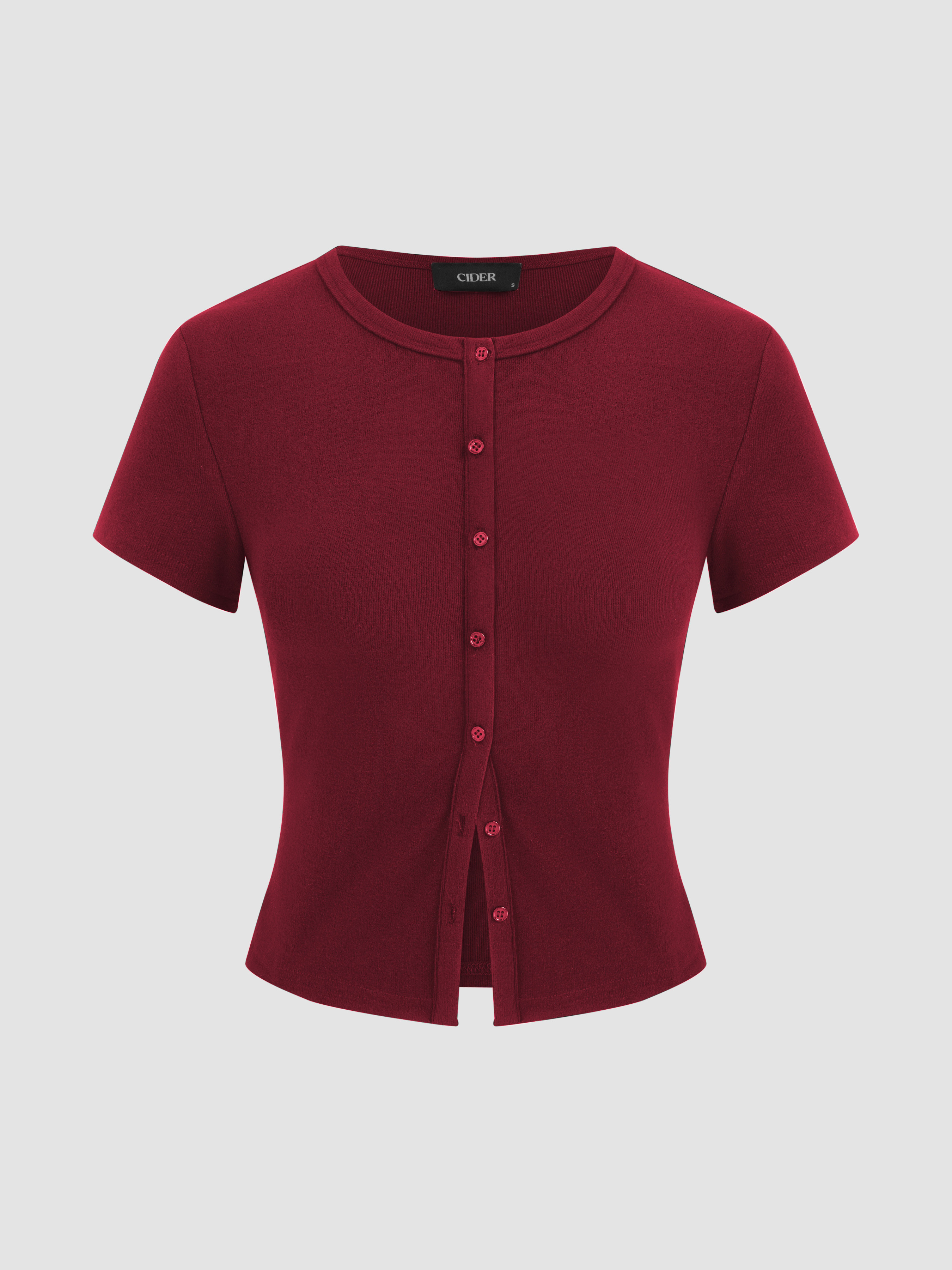 Knit Fabric Round Neckline Solid Button Short Sleeve Top For Daily Casual | Cider