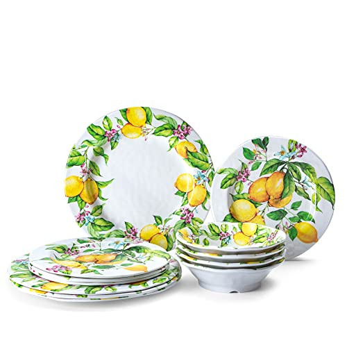 LEHAHA Lemon Melamine Dinnerware Dish Set – 12 Piece Indoor and Outdoor Plates and Bowls Sets for Everyday Use, Dishwasher Safe, Unbreakable Kitchen Dinner Set, Service for 4… | Amazon (US)