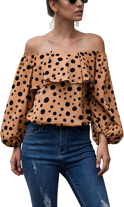 Hibluco Women's Off Shoulder Top Cute Puff Sleeve Polka Dot Ruffle Blouse | Amazon (US)