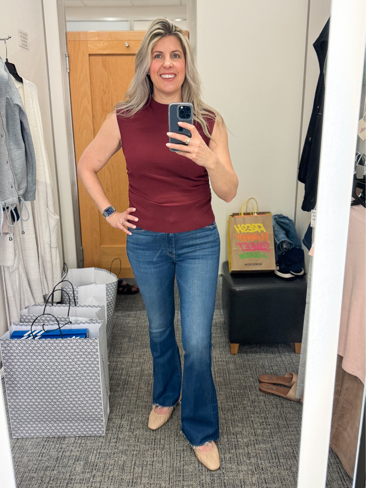 This under $40 top was so flattering!! I bought it in three colors. I sized up to a medium. It’s called a sweater but it’s very light and could definitely be worn now. Paired with Mother flare jeans and Steve Madden Mary Jane mules. Open edit ruched cap sleeve sweater, mother denim, Steve Madden shoes, neutral flats 

#LTKfindsunder50