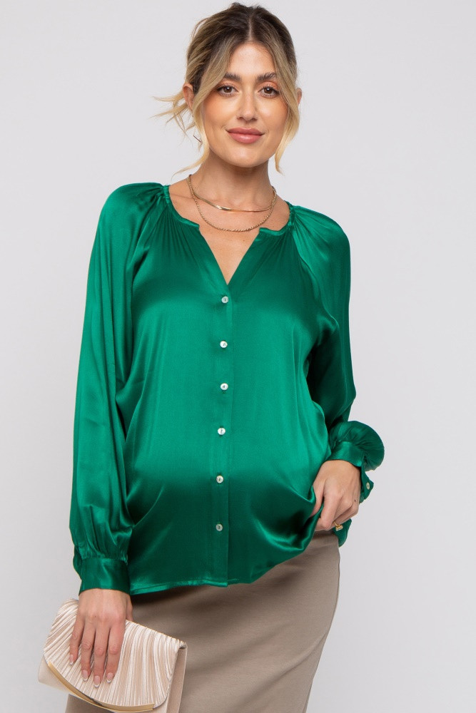 Green Button-Down Long Sleeve Maternity Blouse | PinkBlush Maternity