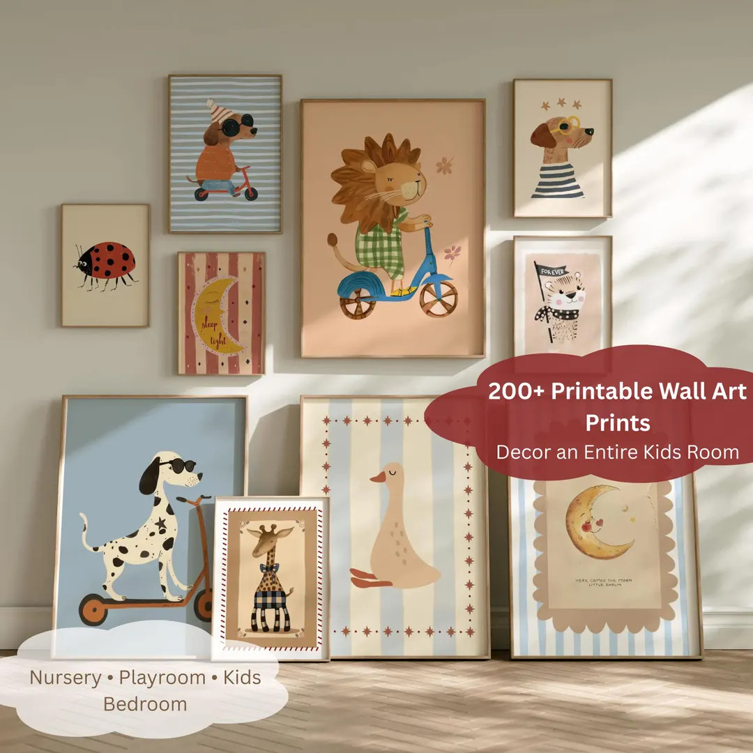 Complete Kids Room Wall Art Bundle – 200+ Printable Nursery, Playroom Prints | Animal & Transpo... | Etsy (US)