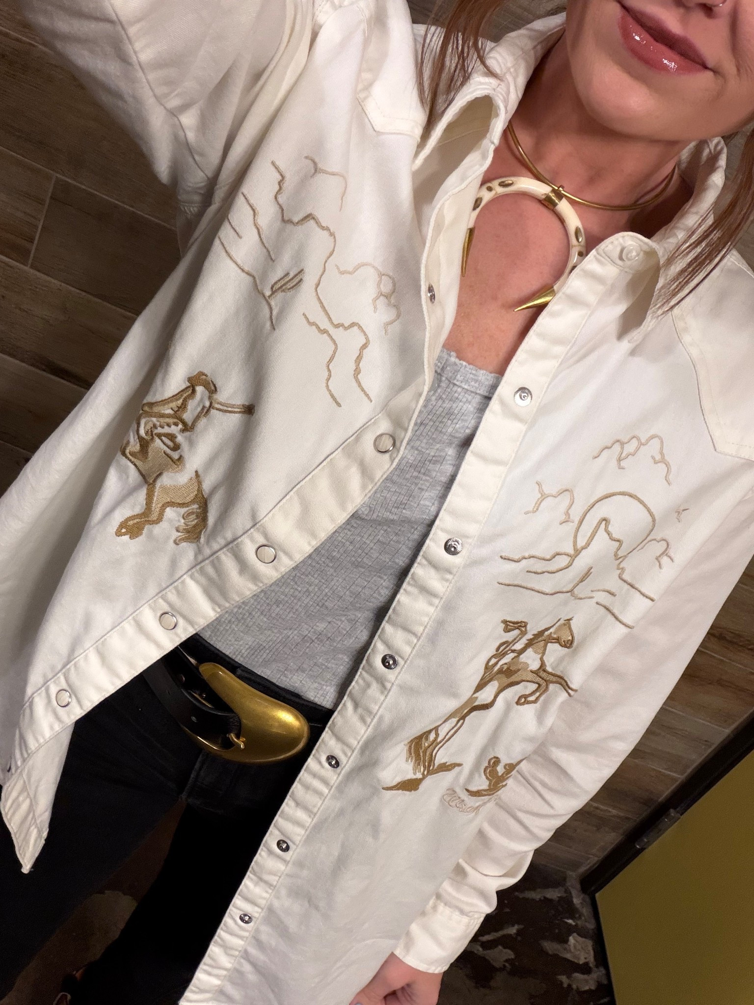 Houston rodeo western outfit inspo Amarillo Texas travel cowboy hat cowboy boots styling a scarf belt Buck&brana Bianca boots wrangler pearl snap shirt Abercrombie & fitch jeans target tank top

Bomber jacket is from Rodeo Quincy

Buffalo necklace is from November Maker 

#LTKOver40 #LTKFestival #LTKootd