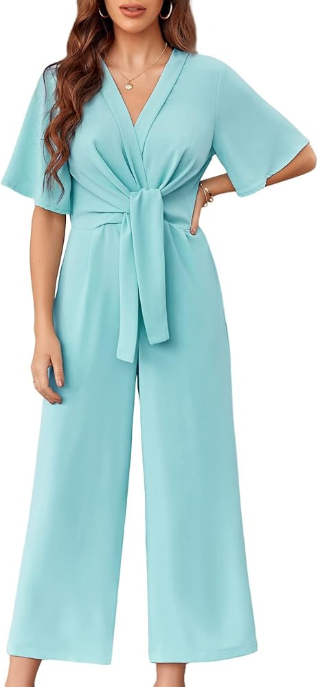 GAMISOTE Womens Wide Leg Jumpsuits Short Sleeve Tie Knot Front Summer Long Romper | Amazon (US)