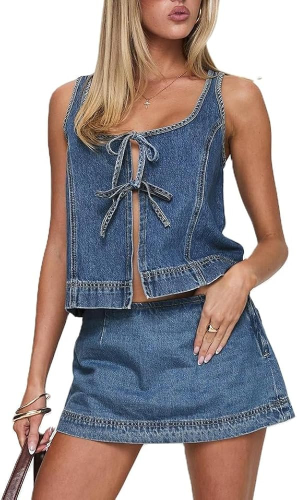 Women’s Tie Front Denim Jean Vest Top and Mini Skirt 2-Piece Set Summer Trendy Going Out Outfit... | Amazon (US)