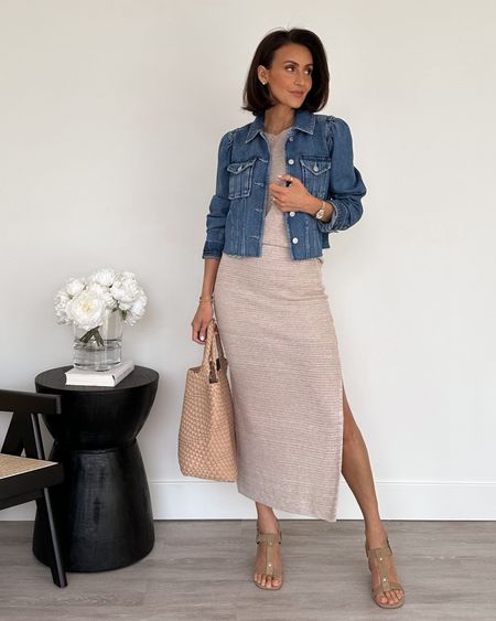 Knit midi skirt lined above the knee elastic waist xs
Knit tank xs wear them together or separate. Cutest raw hem and puff sleeve denim jacket to wear open over a dress or blouse or closed as a top! 
Spring break outfit idea

#LTKstyletip #LTKtravel #LTKSeasonal