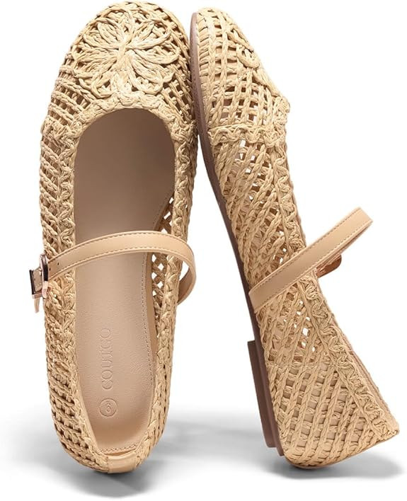 Coutgo Womens Mary Jane Woven Flats Round Toe Ballet Flats Dressy Comfortable Slip On Shoes | Amazon (US)