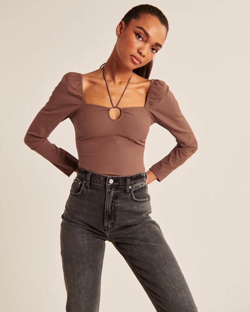 Women's Long-Sleeve Keyhole Strappy Blouse | Women's Clearance | Abercrombie.com | Abercrombie & Fitch (US)