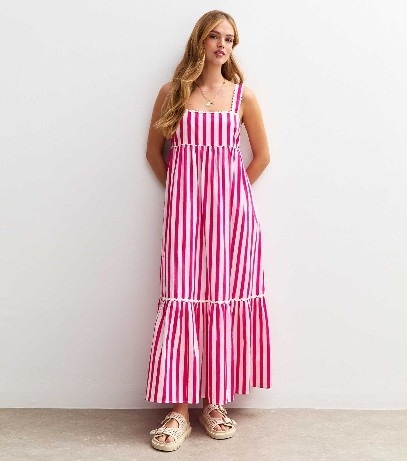 Pink Striped Scalloped Edge Midi Dress | New Look | New Look (UK)