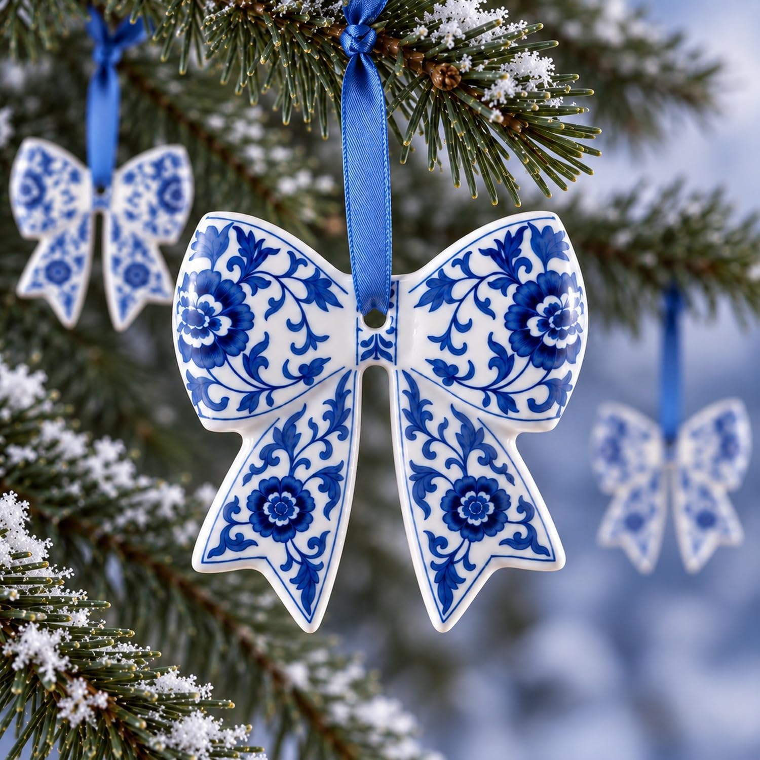 Meanplan 6pcs Blue and White Christmas Porcelain Bow Chinoiserie Ornaments | Amazon (US)