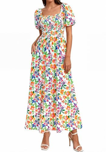 BTFBM Spring Summer Dresses for Women 2026 Puff Short Sleeve Smocked Floral Print Boho Beach Wedding Guest Maxi Dress(Floral Light Green Multi, Medium) | Amazon (US)