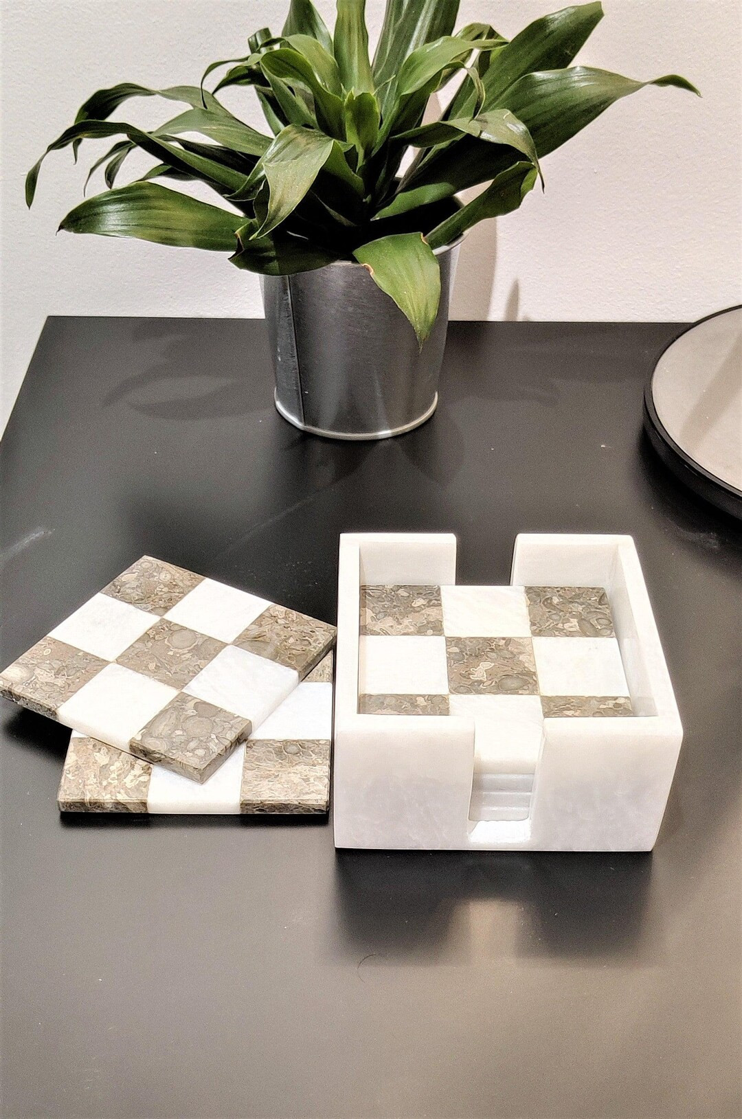 Marble Coasters, Set of 6 Marble Coasters in 2 Colors Check Design for Home Kitchen and Dining Ta... | Etsy (US)
