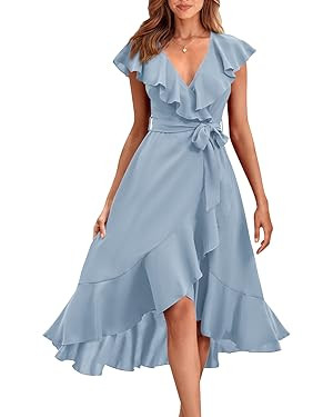 PRETTYGARDEN Womens Summer Wrap V Neck Split Party Dress Ruffle Short Sleeve Midi Dress With Belt | Amazon (US)