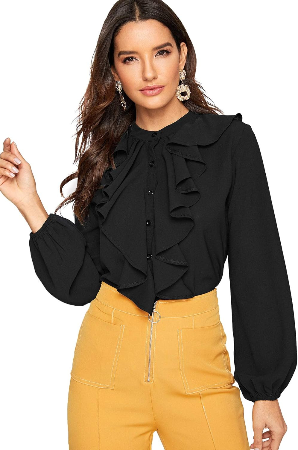 SheIn Women's Long Sleeve Button Down Lotus Ruffled Work Shirt Chiffon Blouse Top | Amazon (US)