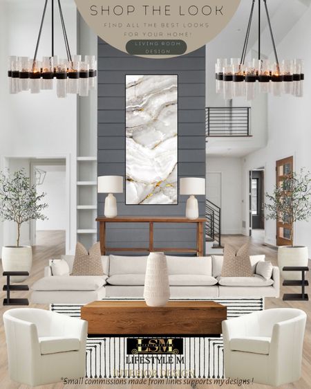 Modern farmhouse living room design ideas. Wood square coffee table, white arm chairs; black end table, white stripped rug, table vase, white sectional sofa, wood console table, white terracotta tree planter pot, realistic faux fake tree, white table lamp, modern glass chandelier, large wall art, brown throw pillow.

#LTKFind #LTKhome #LTKstyletip