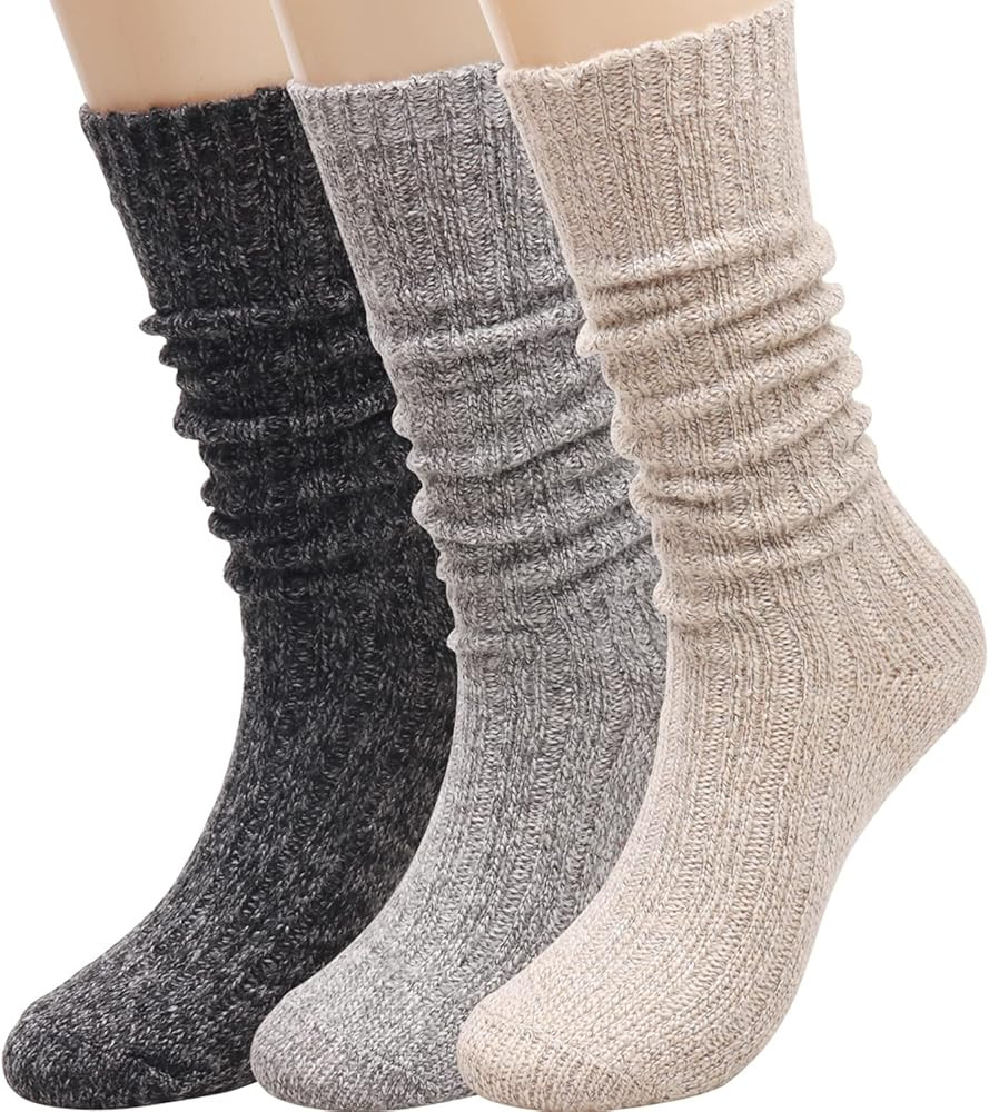 TINTAO 3 Pairs Women Winter Wool Cable Knit Crew Knee High Boot Socks,Size 5-11 W605 | Amazon (US)