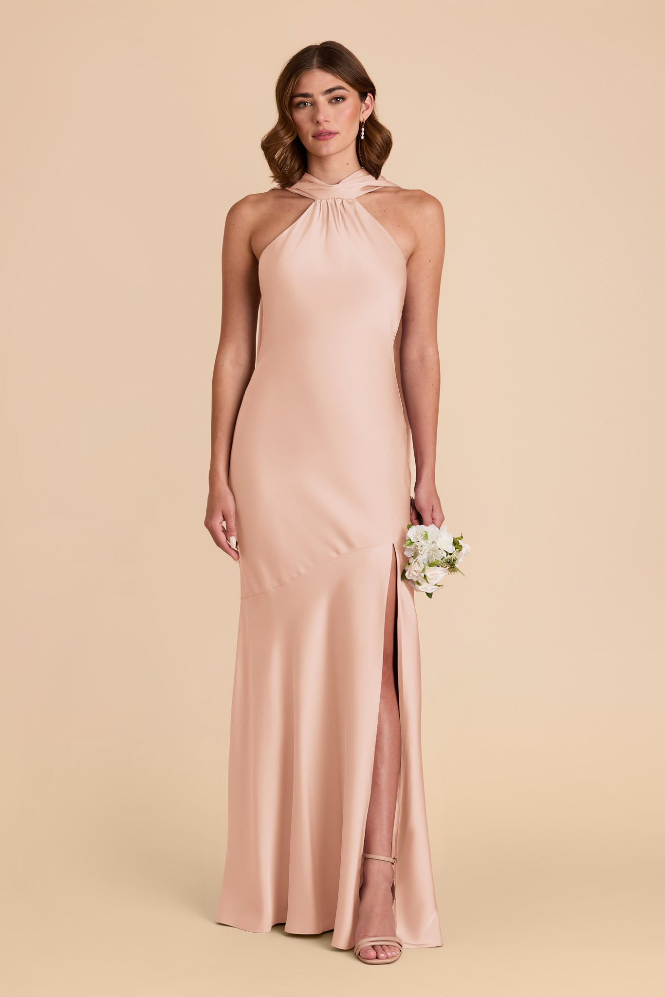Rose Gold Satin Halter Bridesmaid Dress | Birdy Grey | Birdy Grey
