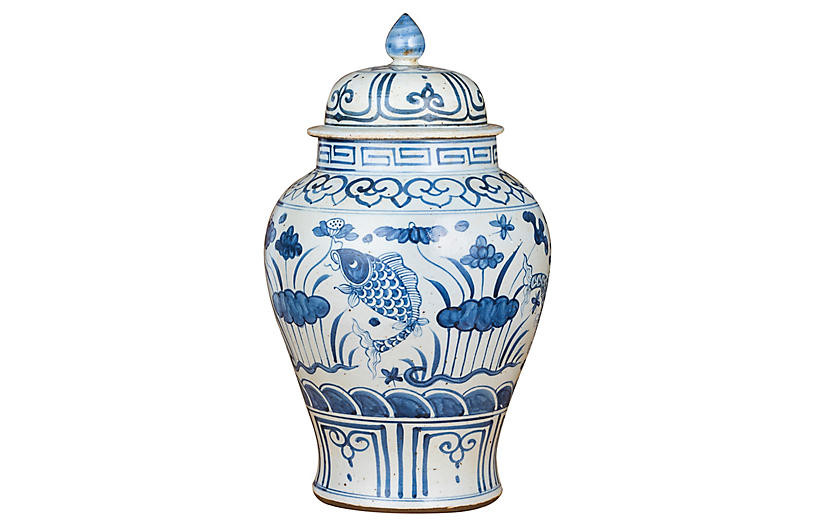 16" Small Fish Temple Jar, Blue | One Kings Lane
