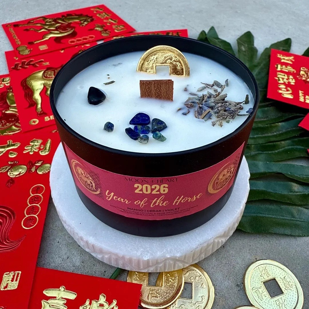Set powerful intentions with this Year of the Horse 2026 candle from TheMoonHeart 🌙 Hand-poured with vegan, non-toxic soy wax, it’s infused with crystals and a feng shui coin to support manifestation and forward momentum. The double wooden wicks create a longer, cleaner burn with a soft crackle, while premium fragrance oils elevate the entire ritual. Ships quickly and includes instructions, making it a meaningful gift for anyone drawn to intentional living and energy-focused rituals. ✨ #LTKfinds #IntentionCandle #ManifestationRitual #CrystalCandle #EcoFriendlyLiving #VeganCandles #EtsyGifts

#LTKSeasonal #LTKHoliday #LTKHome
