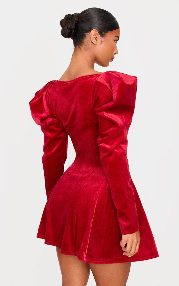 Red Velvet Extreme Puff Sleeve Skater Dress | PrettyLittleThing US