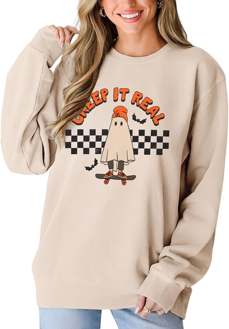 BOUTIKOME Creep It Real Halloween Sweatshirt for Women Cute Ghost Halloween Shirt Fall Long Sleev... | Amazon (US)