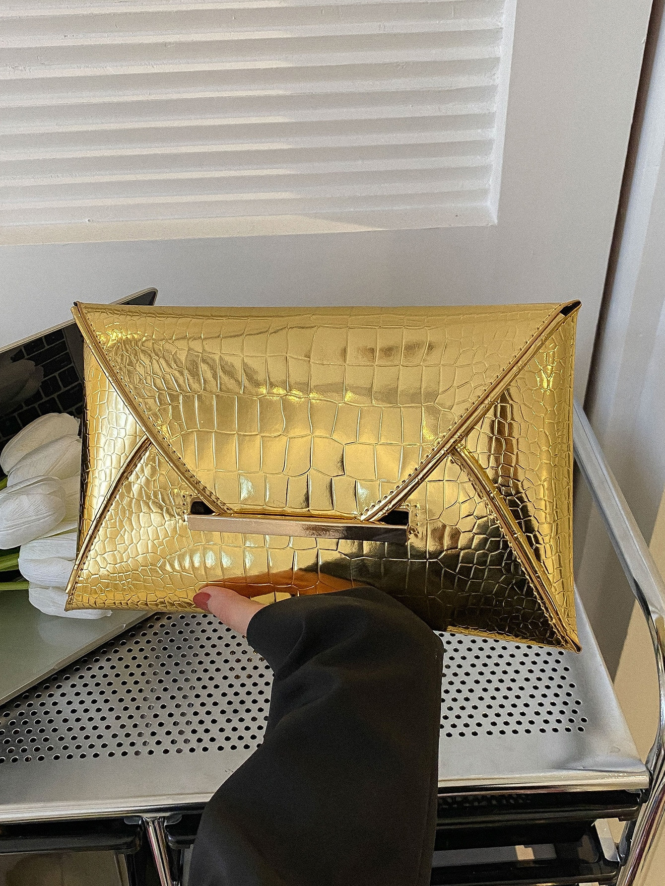 Metallic Crocodile Embossed Flap Square Bag | SHEIN