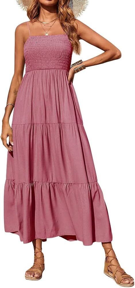 Odsufo Summer Maxi Dress for Women Spaghetti Strap Smocked Waist Dress for Beach Vacation Tiered ... | Amazon (US)