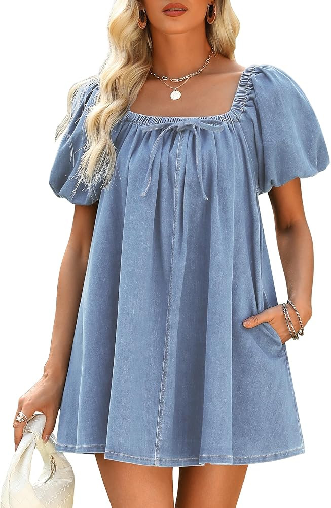Denim Dress for Women, Puff Short Sleeve Jean Dress Square Neck Denim Romper with Pockets | Amazon (US)
