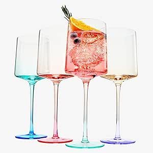Khen Handblown Colored Two-Toned Crystal Pastel Wine Glassware | Set of 4 | Blue, Purple, Pink Sq... | Amazon (US)