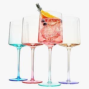 Khen Handblown Colored Two-Toned Crystal Pastel Wine Glassware | Set of 4 | Blue, Purple, Pink Sq... | Amazon (US)