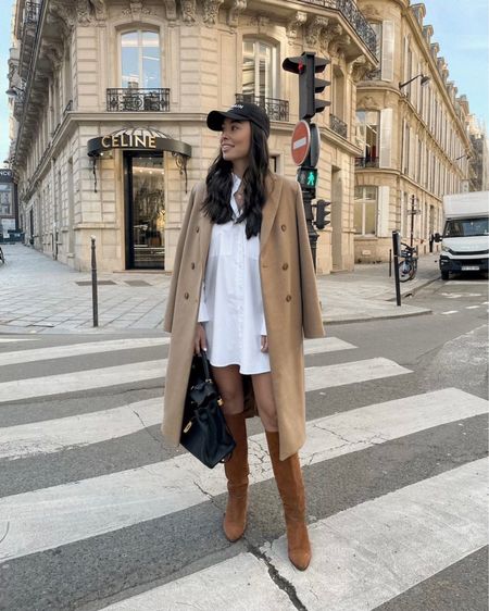 Kat Jamieson of With Love From Kat shares a fall outfit. White dress, brown boots, fall style, brown coat, neutral outfit. 

#LTKSeasonal #LTKstyletip