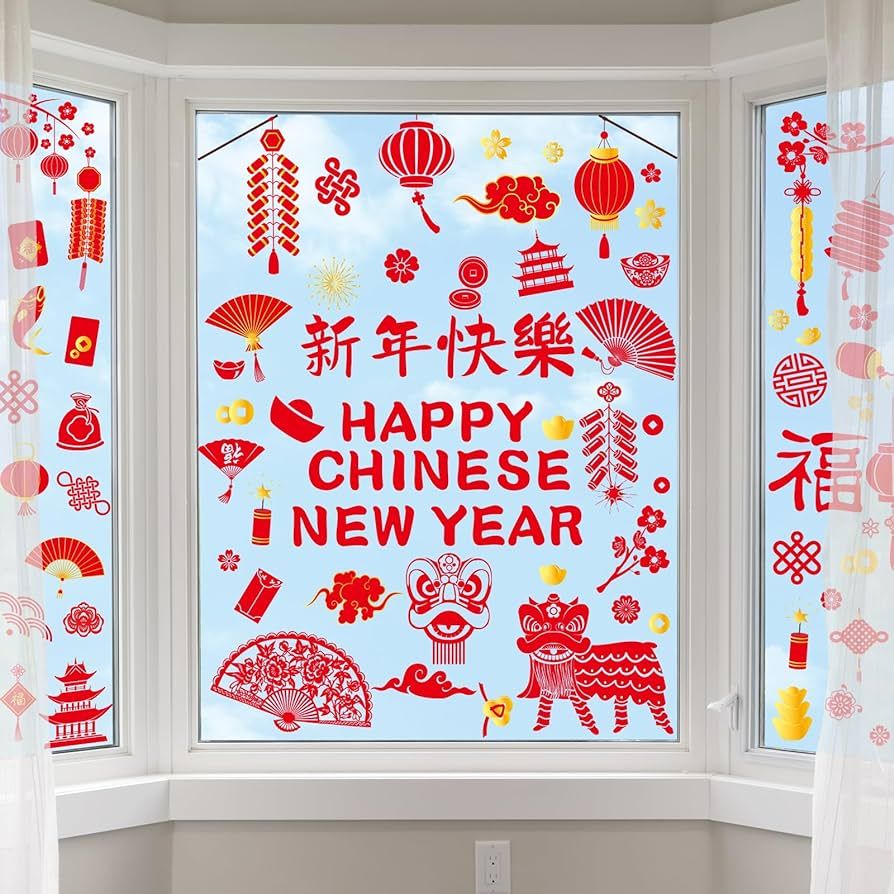 gisgfim Chinese New Year Window Clings Lunar New Year Window Stickers Decorations 2024 Chinese Ne... | Amazon (US)