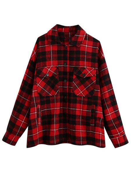 'Zenia' Red Thick Plaid Oversized Shirt Jacket | Goodnight Macaroon