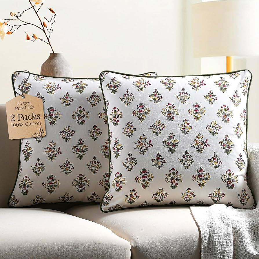 CPC 100% Cotton Throw Pillow Covers 24x24 Inch, Set of 2 Green Block Print Pattern Couch Pillow, ... | Amazon (US)