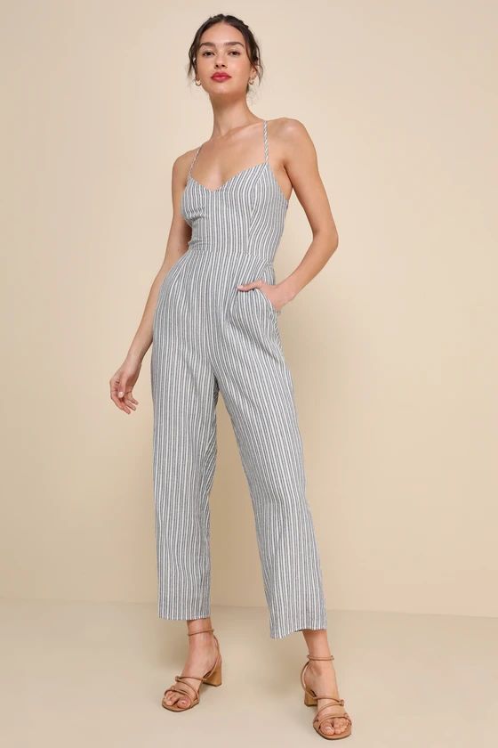Charming Vacay Ivory and Blue Striped Lace-Up Jumpsuit | Lulus