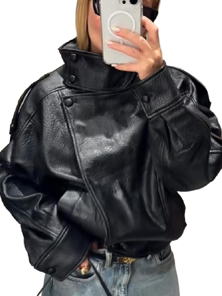 THLAI Black Jacket for Women Faux Leather Coat with Lychee Texture Stand-Up Collar & Long Sleeves... | Amazon (US)