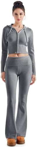 SUUKSESS Women 2 Piece Knit Sets Cropped Zip Up Hoodie Foldover Flare Leg Pants | Amazon (US)