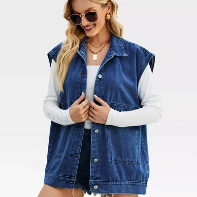 Women's Oversized Denim Vest Sleeveless Denim Jackets Nashville Outfits Oversized Cowgirl Jacket Jean Vest with Side Pocket,Dark Blue - S | Target