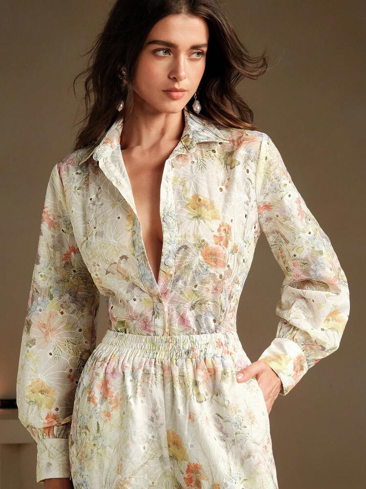 Anewsta Fashionable Floral Embroidery Women Long Sleeve Button-Down Shirt And Wide Leg Pants Elegant 2-Piece Set | SHEIN
