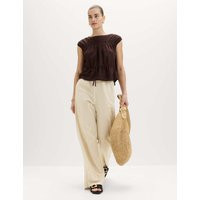 M&S Drawstring Wide Leg Trousers with Linen Beige | Marks & Spencer (UK)