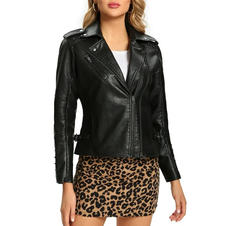 S P Y M Womens Faux Leather Jacket, Double Zip Up Coat, Moto Biker Outwear with Rivets,Regular an... | Walmart (US)