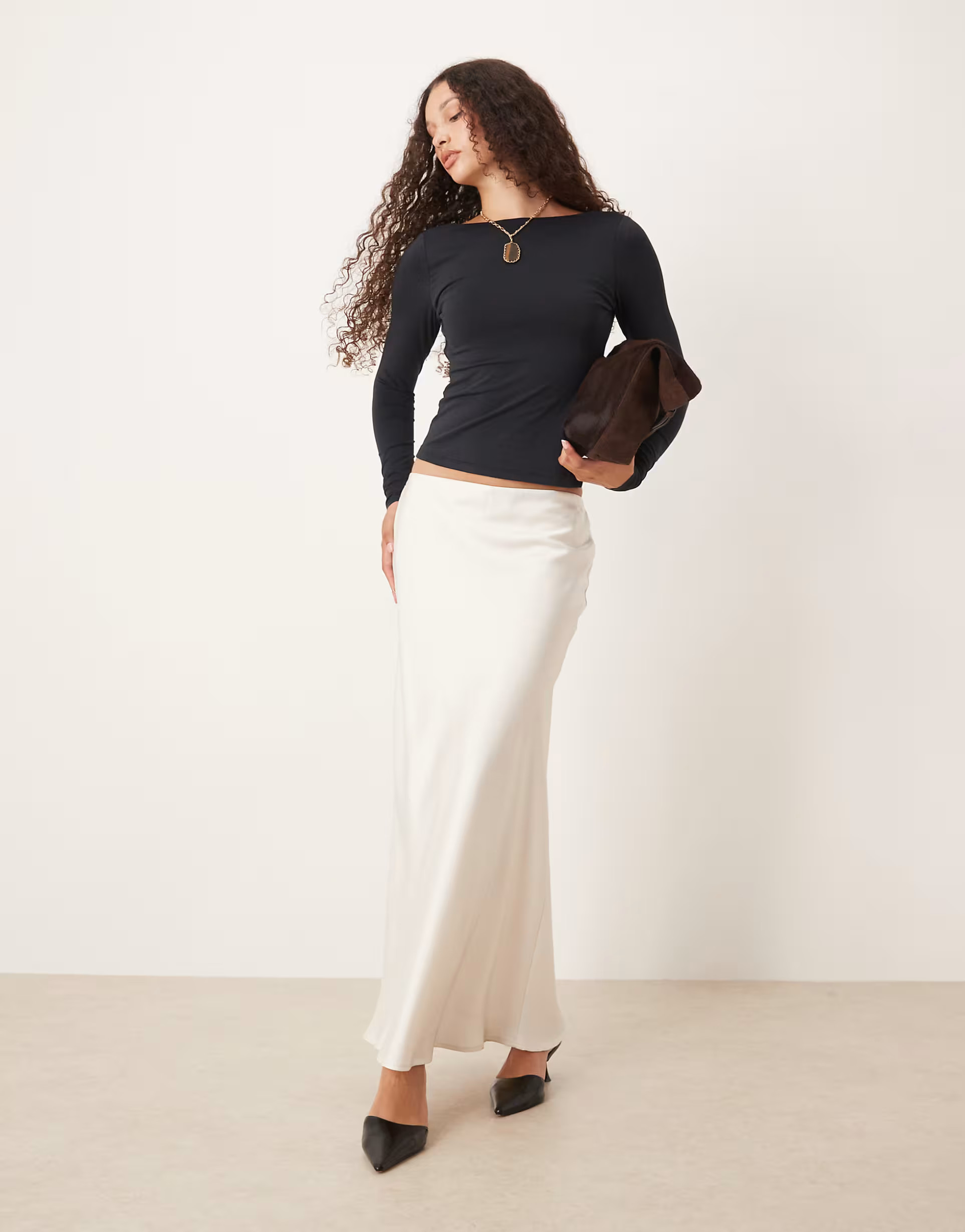 Abercrombie & Fitch satin look high rise bias cut maxi skirt in cream | ASOS (Global)
