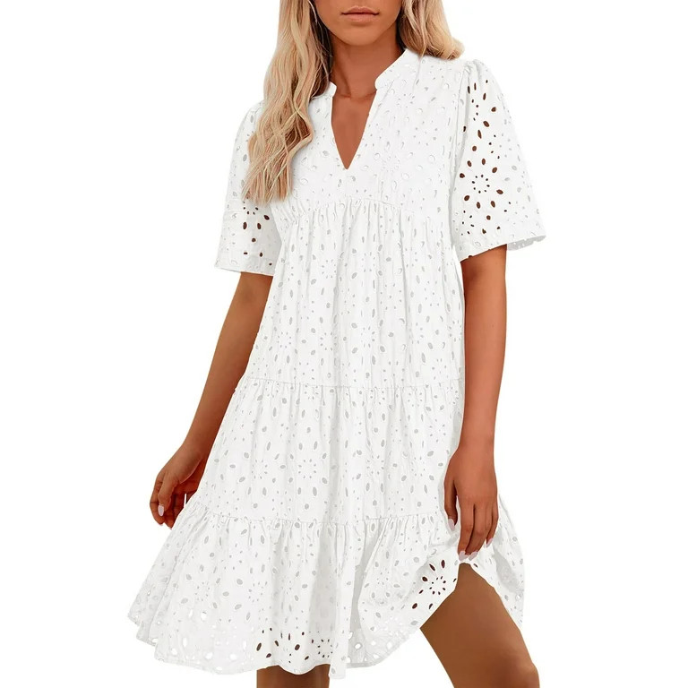 Chiccall Womens Summer Lace Ruffle Dresses Eyelet Casual Flowy V Neck Short Sleeve Tunic Dress Wh... | Walmart (US)