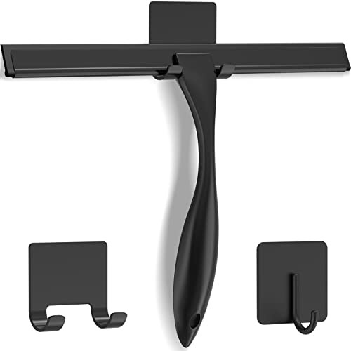 All-Purpose Stainless Steel Shower Squeegee for Shower Doors with 2 Adhesive Hooks, Bathroom Cleaner Tool Household Window Mirror Squeegee for Home Cleaning, Glass Door, Tile Wall, Car, 10 Inch Black | Amazon (US)
