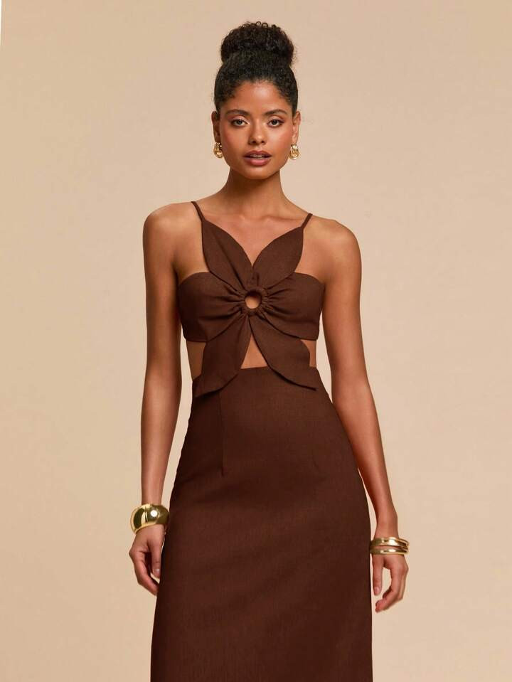 Travachic Vacation Casual Petal Backless Strap Dress, Three-Dimensional Flower, Beach Vacation Outfits, Summer Outfits For Women, Christmas Party Clothes, New Year Look, Thanksgiving Outfits, Elegant Dresses Party, Luxury Evening Dresses For Weddings, Sexy Club Outfits, Brown Wedding Guest Dress Cut Out Dress | SHEIN