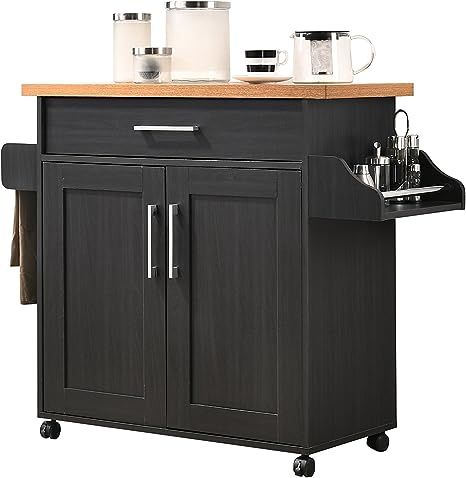 Hodedah Kitchen Island with Spice Rack, Towel Rack & Drawer, Black with Beech Top | Amazon (US)