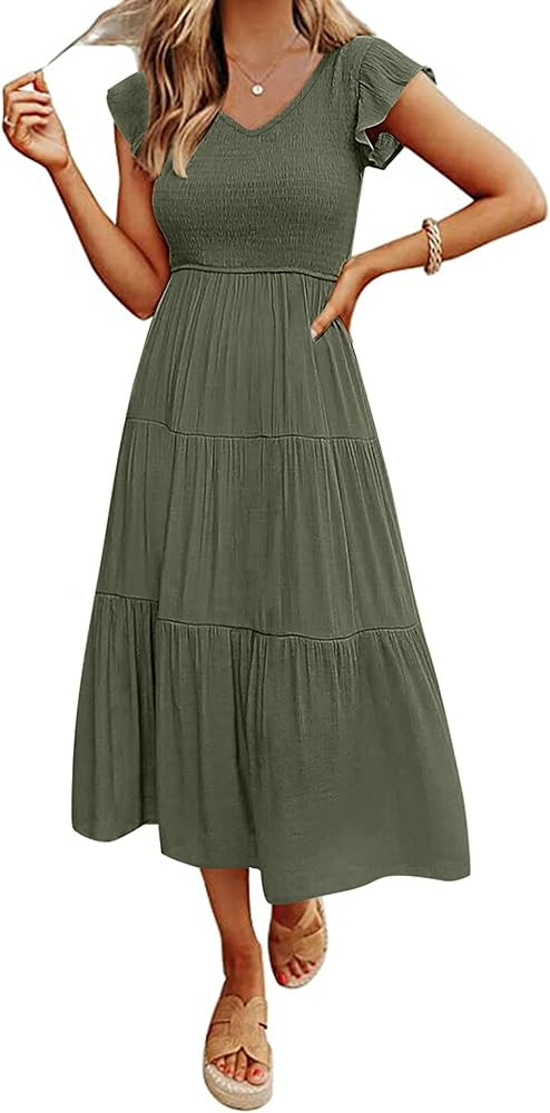 MEROKEETY Women's Flutter Sleeve Smocked Midi Dress V Neck Casual Tiered Dresses with Pockets | Amazon (US)