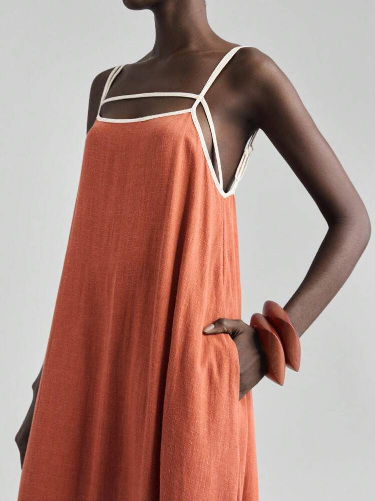 Ontre Women's Linen Color Bohemian Dress, Spaghetti Strap Backless Minimalist Elegant Vacation Dress, Casual Dress, Hawaiian Style, Autumn | SHEIN