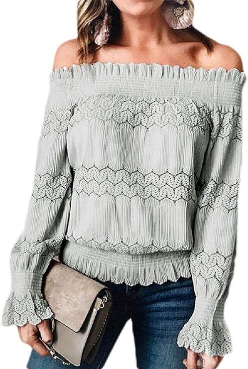 Women Off Shoulder Blouse Sexy Lace Crochet Tops Long Sleeve Ruched Shirt | Amazon (US)